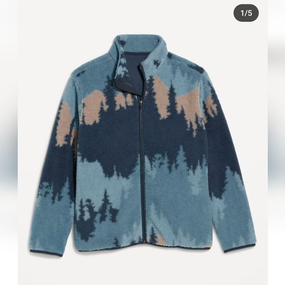 NWT Old Navy Sherpa Zip Jacket blue trees pullover - Picture 1 of 5